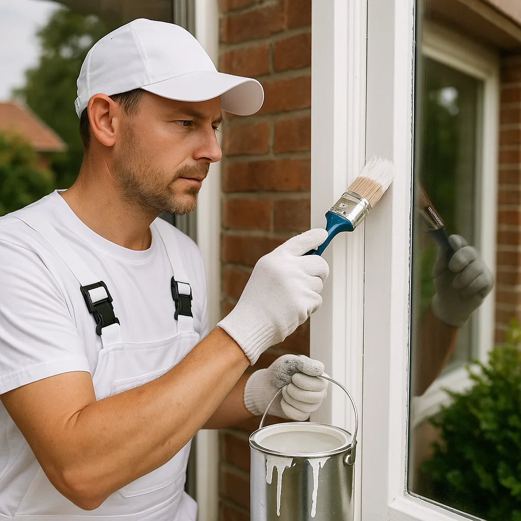 Schilder verft kozijnen van een woning in Dordrecht bij zonnig weer.