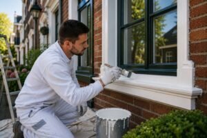 Professionele schilder brengt beschermende verf aan op houten kozijnen tijdens schilder Dordrecht gevelonderhoud.