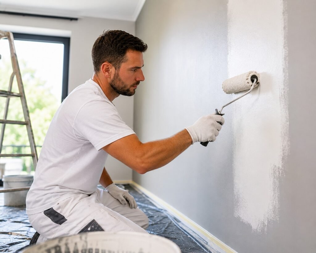 Professionele schilder brengt zorgvuldig een nieuwe verflaag aan op een strak voorbereide binnenmuur in een moderne woning.