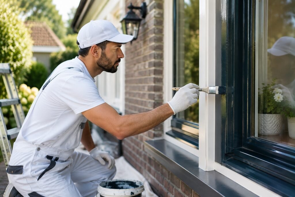 Professionele schilder brengt een egale verflaag aan op een strak voorbereide binnenmuur in een moderne woning.