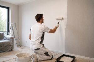 Professionele schilder brengt beschermende verf aan op houten kozijnen om slijtage en weersinvloeden te beperken.