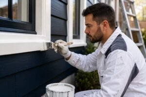 Professionele schilder brengt kwaliteitsverf aan op houten kozijnen tijdens schilder Gorinchem.
