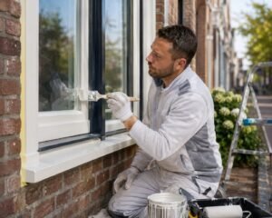 Schilder brengt zorgvuldig een nieuwe verflaag aan op een buitenkozijn in Gorinchem.