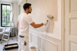 Modern interieur met strak geschilderde wanden, plafonds en houtwerk voor een frisse, verzorgde uitstraling van de woning.