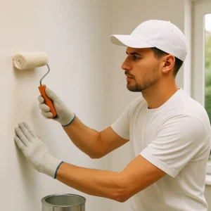 Schilder in witte kleding brengt met een roller een nieuwe verflaag aan op een binnenmuur in een lichte, moderne ruimte, passend bij professioneel binnenwerk in Gorinchem.