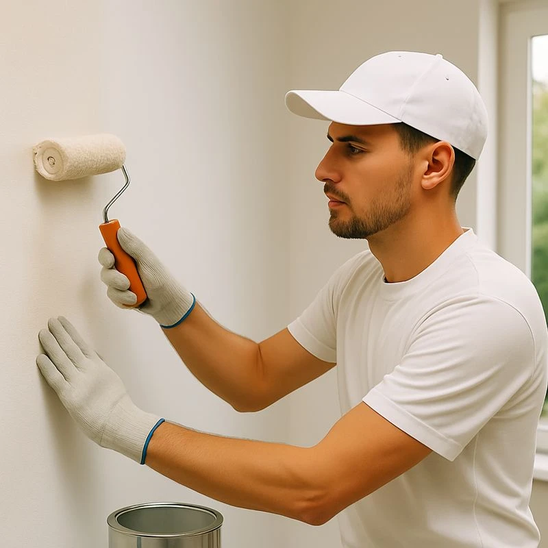 Schilder in witte kleding brengt met een roller een nieuwe verflaag aan op een binnenmuur in een lichte, moderne ruimte, passend bij professioneel binnenwerk in Gorinchem.