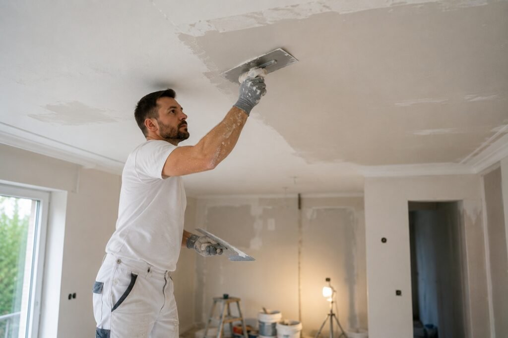Stukadoor werkt een beschadigd plafond strak af met pleisterwerk tijdens professioneel herstel in een woning.