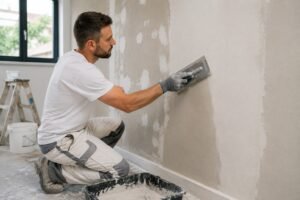 Stukadoor werkt een beschadigd plafond strak af met pleisterwerk tijdens professioneel herstel in een woning.