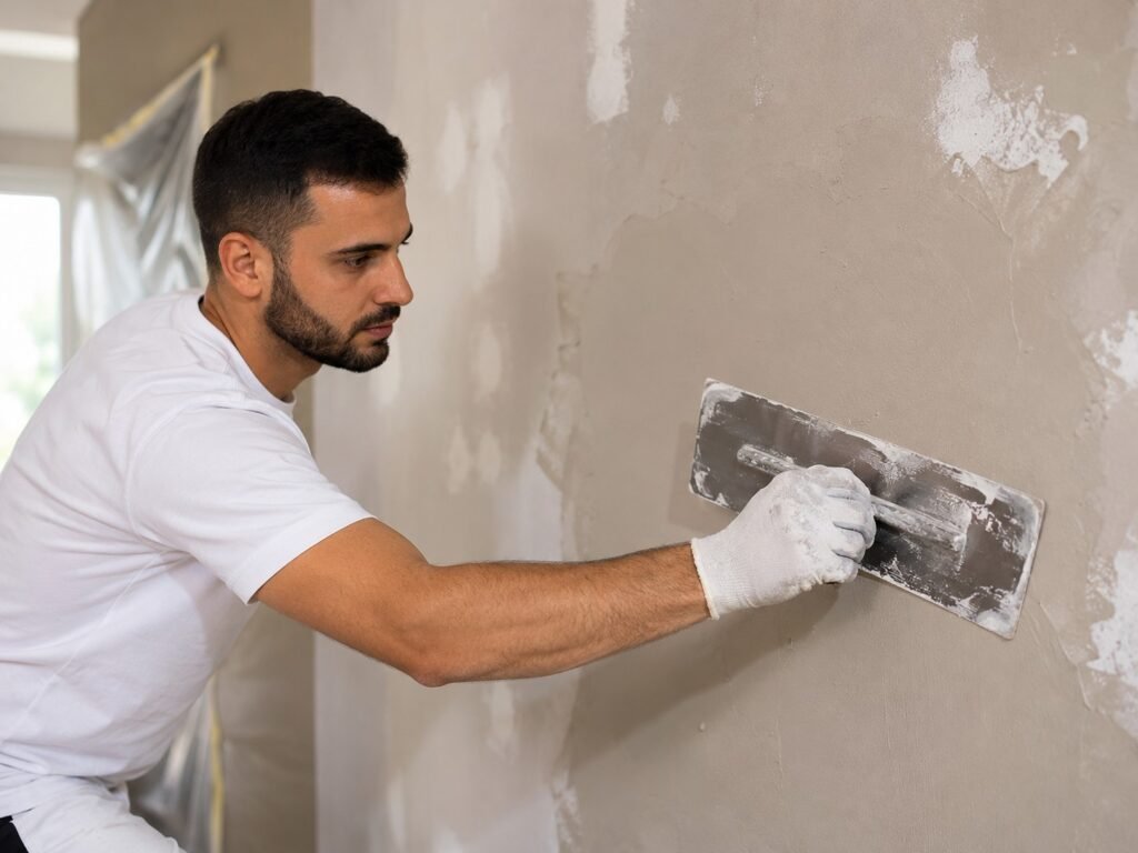Professionele stukadoor werkt een beschadigde binnenmuur strak af met een pleisterspaan tijdens een renovatieproject.