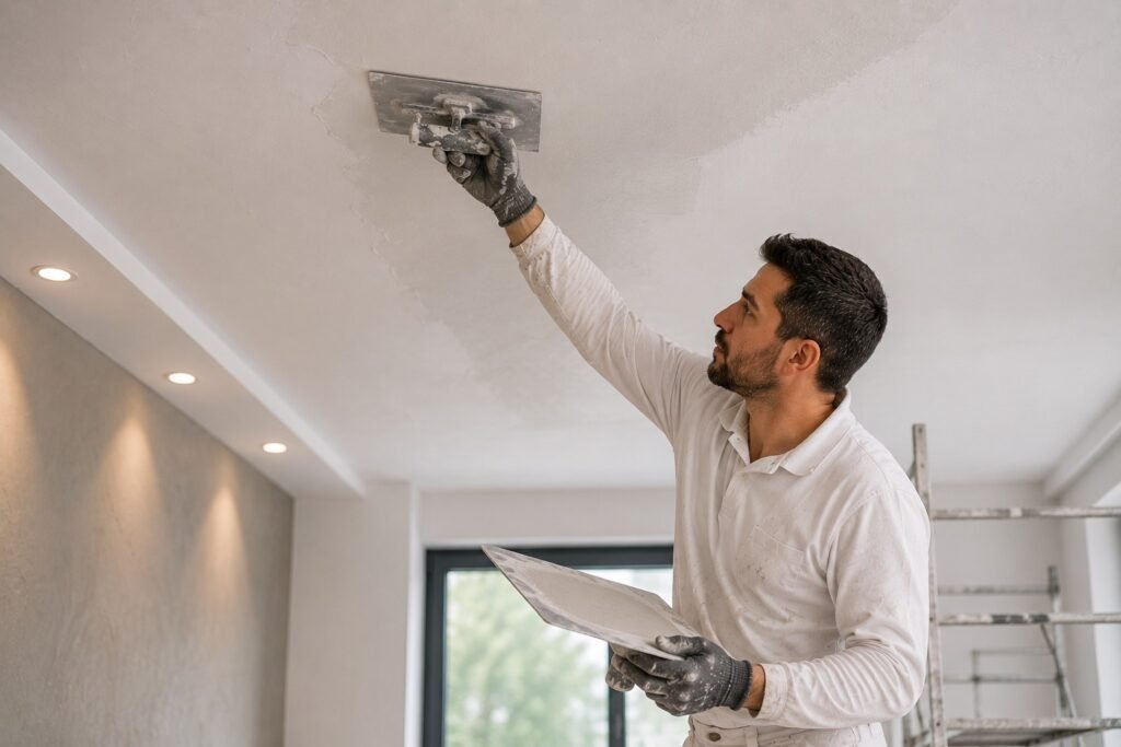 Stukadoor werkt een plafond strak en egaal af in een moderne woning tijdens een professionele renovatie.