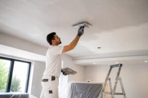 Professionele stukadoor egaliseert een oud plafond voor een strakke en moderne afwerking in een woning in Breda.