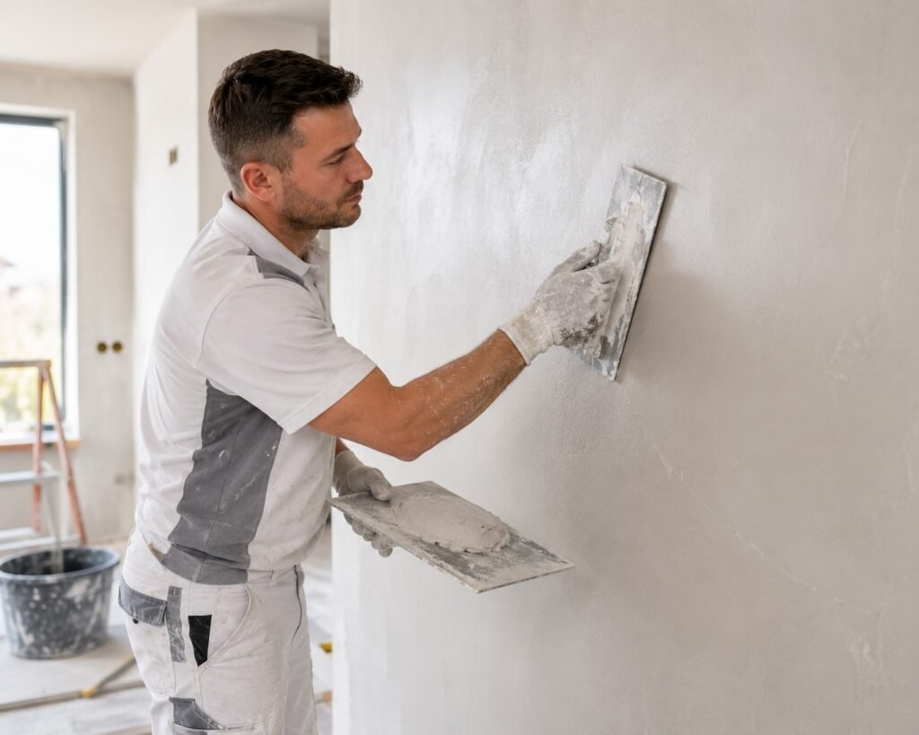 Stukadoor maakt een binnenwand glad tijdens professioneel stucwerk in Breda.