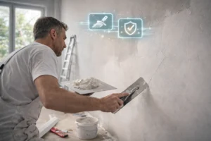 Professional plasterer smoothing a white wall with a trowel in a modern interior.