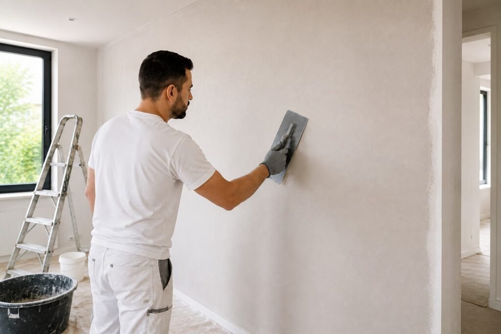 Professionele Stukadoor Breda werkt een binnenmuur strak en sausklaar af in een moderne woning.