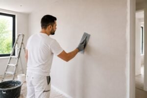 Professionele Stukadoor Breda werkt een binnenmuur strak en sausklaar af in een moderne woning.