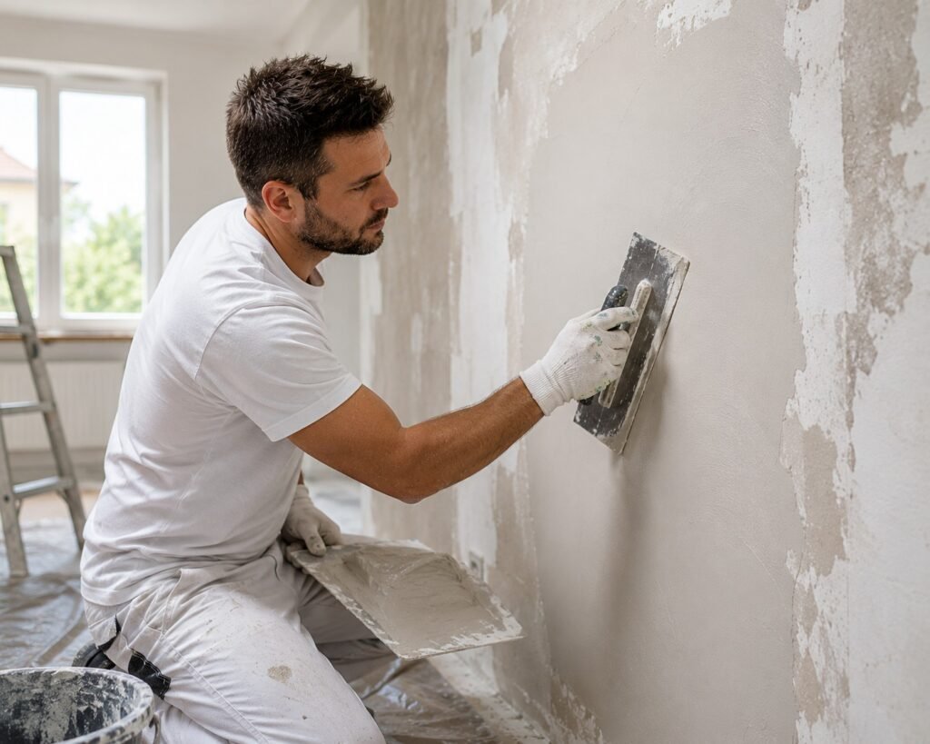 Stukadoor maakt een oude muur strak en egaal met vers stucwerk tijdens een woningrenovatie.