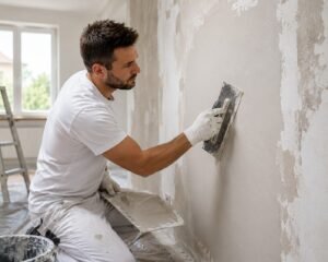 Stukadoor maakt een oude muur strak en egaal met vers stucwerk tijdens een woningrenovatie.
