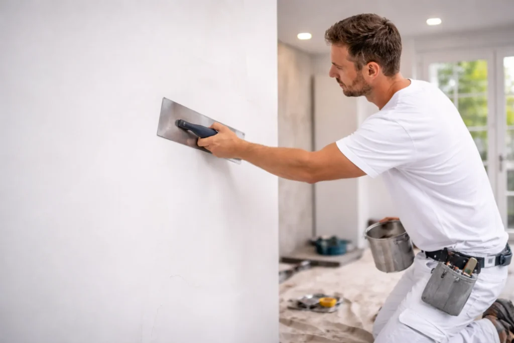 Stukadoor brengt glad stucwerk aan op binnenmuur met spaan voor strakke afwerking