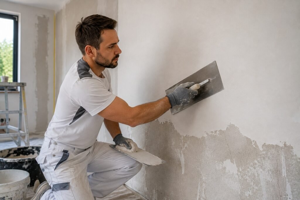 Stukadoor brengt professioneel stucwerk aan op een binnenmuur om scheuren en oneffenheden zorgvuldig af te werken.