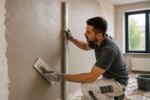Stukadoor brengt professioneel stucwerk aan op een binnenmuur om scheuren en oneffenheden zorgvuldig af te werken.