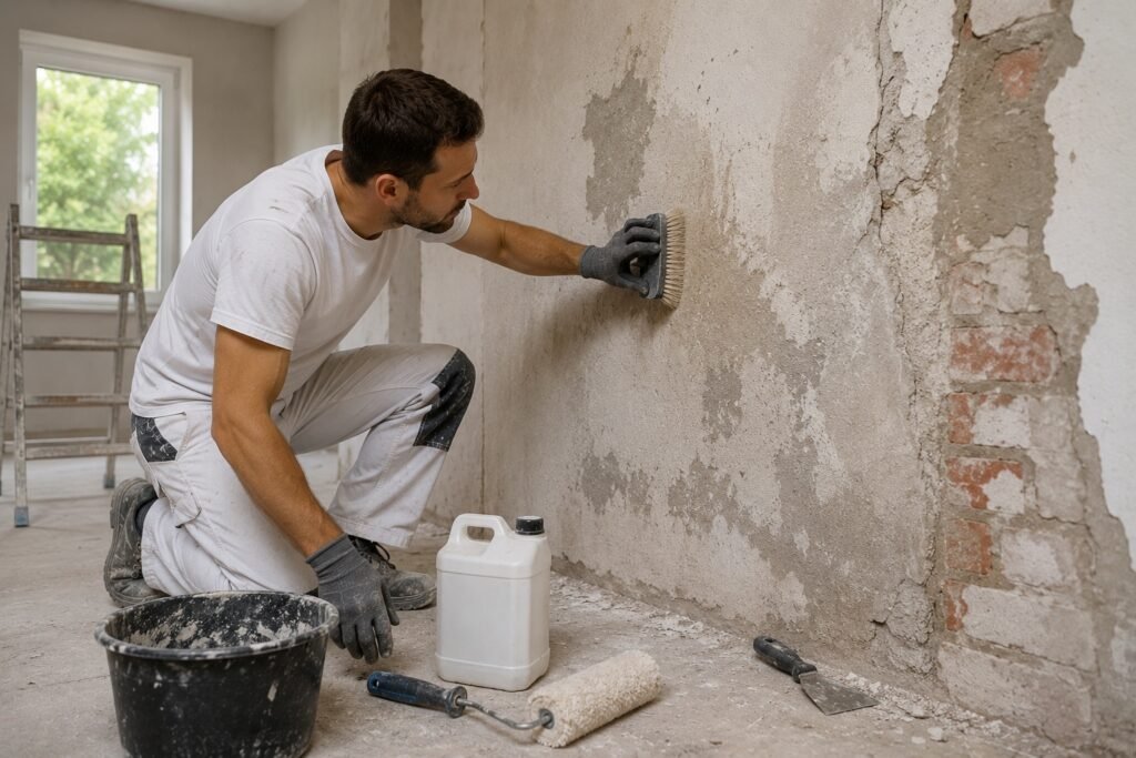 Stukadoor Dordrecht brengt pleisterwerk aan op een oude muur tijdens een renovatie om beschadigingen, scheuren en oneffenheden professioneel te herstellen.