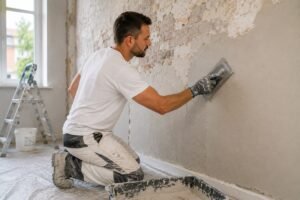 Professionele stukadoor bereidt een muur zorgvuldig voor door de ondergrond te reinigen en te herstellen voor duurzaam stucwerk.
