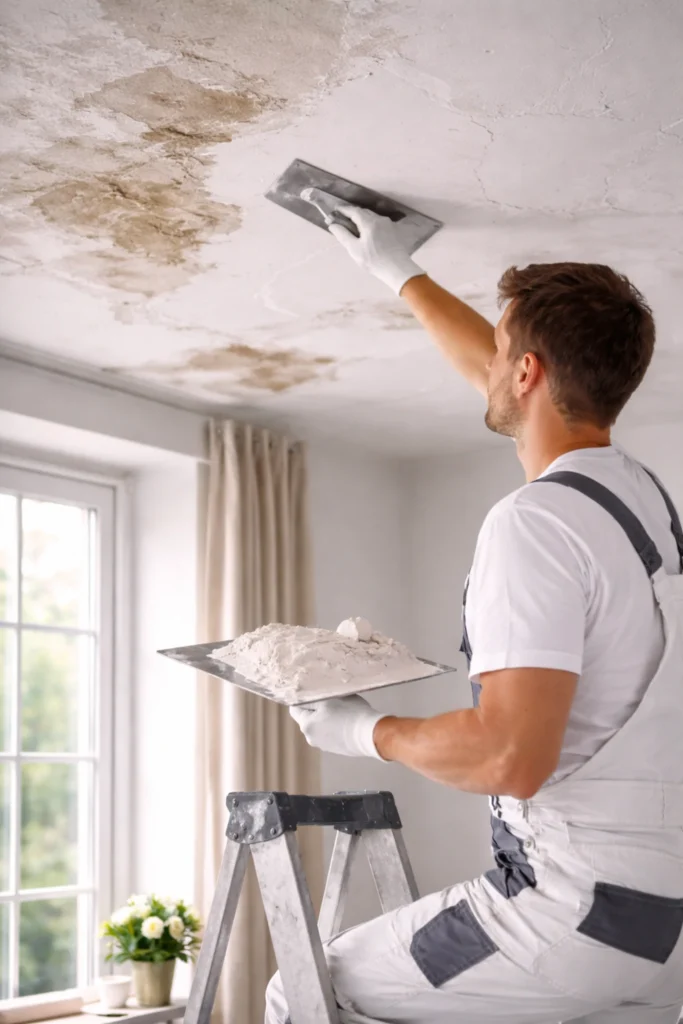Stukadoor werkt een muur en plafond strak af met een troffel in een gerenoveerde kamer.