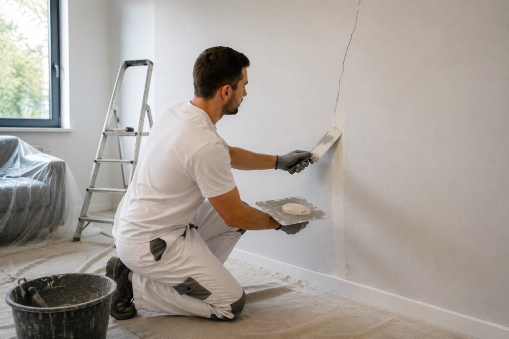 Stukadoor herstelt een scheur in een binnenmuur en werkt de wand strak af voor een egaal eindresultaat.