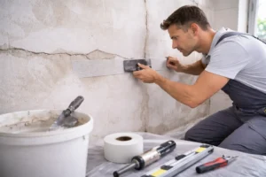 Stukadoor brengt wapeningsgaas aan op een gescheurde muur als voorbereiding op duurzaam stucwerk.