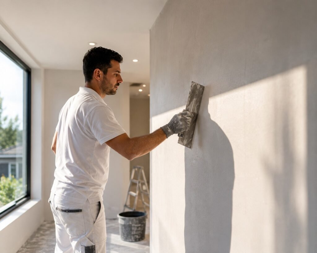 Stukadoor werkt aan een strak gestucte wand in een lichte ruimte met veel daglicht en strijklicht langs de muur.