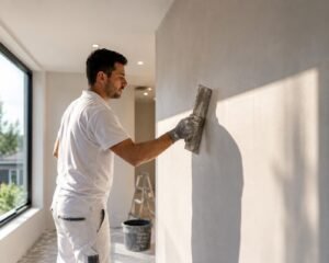 Stukadoor werkt aan een strak gestucte wand in een lichte ruimte met veel daglicht en strijklicht langs de muur.