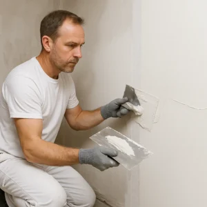 Stukadoor brengt een nieuwe laag stucwerk aan op een binnenmuur met een roestvrijstalen spaan, passend bij renovatie van oude muren in Dordrecht.