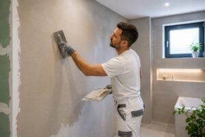 Stukadoor brengt vochtwerend stucwerk aan op een badkamermuur om vochtproblemen en schimmelvorming te helpen voorkomen.