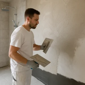 Stukadoor brengt vochtwerend stucwerk aan op een moderne badkamerwand.