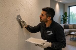 Moderne woonkamer met een decoratieve sierpleisterwand die door zachte verlichting extra structuur en diepte krijgt.