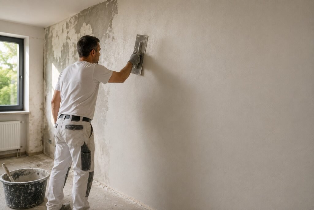 Vakman voert professioneel renovatiestucwerk uit op een muur tijdens een Stukadoor Gorinchem project.