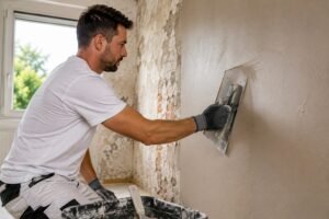 Stukadoor brengt nieuw stucwerk aan op een oude beschadigde muur om scheuren en oneffenheden professioneel te herstellen.