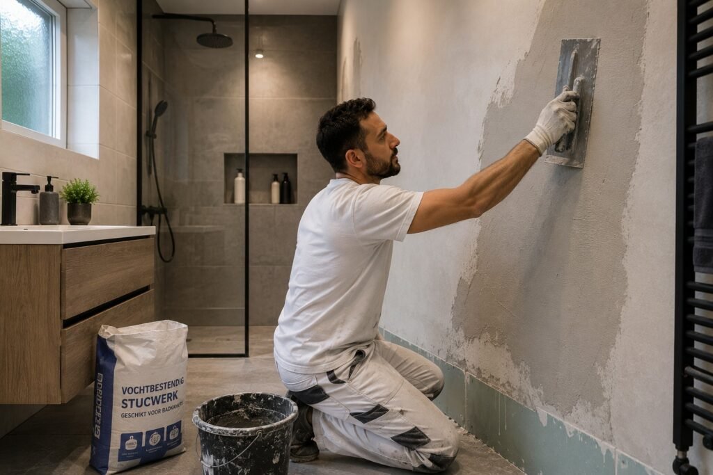 Professionele Stukadoor Gorinchem brengt vochtbestendig stucwerk aan op een badkamerwand voor een duurzame afwerking.