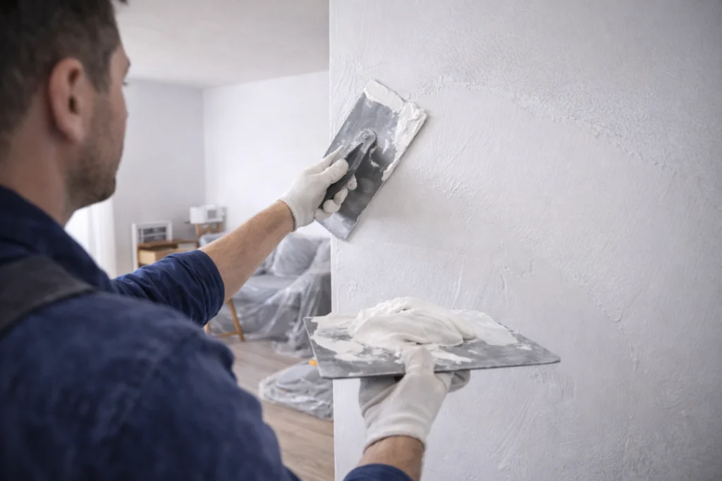 Stukadoor die met een spaan vers stucwerk egaal aanbrengt op een binnenmuur