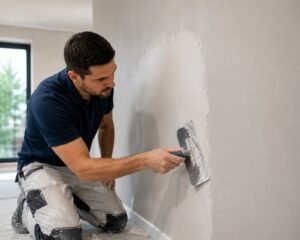 Stukadoor herstelt beschadigd pleisterwerk op een binnenmuur met een spaan voor een strak en egaal resultaat.