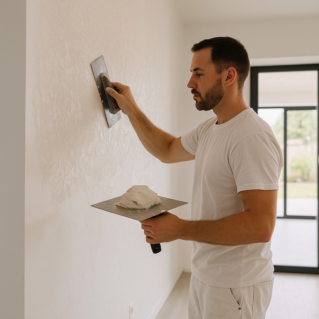 Stukadoor brengt sierpleister aan in moderne woning in Gorinchem.