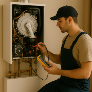 Monteur voert onderhoud uit aan een openstaande cv-ketel en gebruikt een digitale multimeter voor metingen.