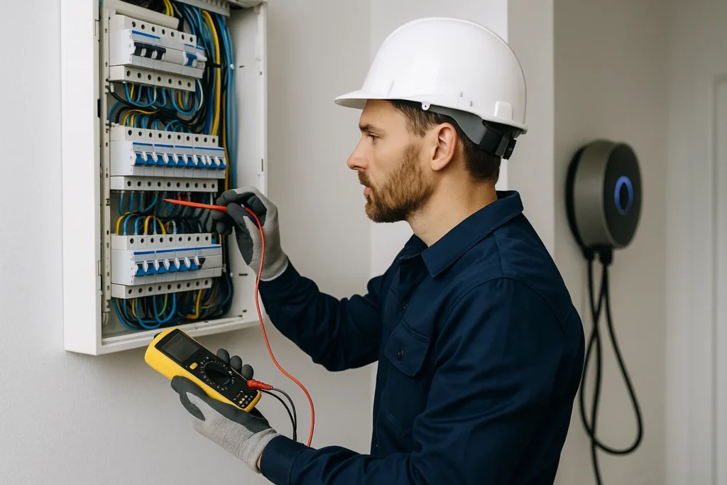 Elektricien controleert bedrading in een moderne groepenkast met meetapparatuur.