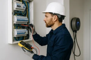 Elektricien installeert veilig een extra plafondlichtpunt in een moderne woning met professionele bedrading en verlichting.
