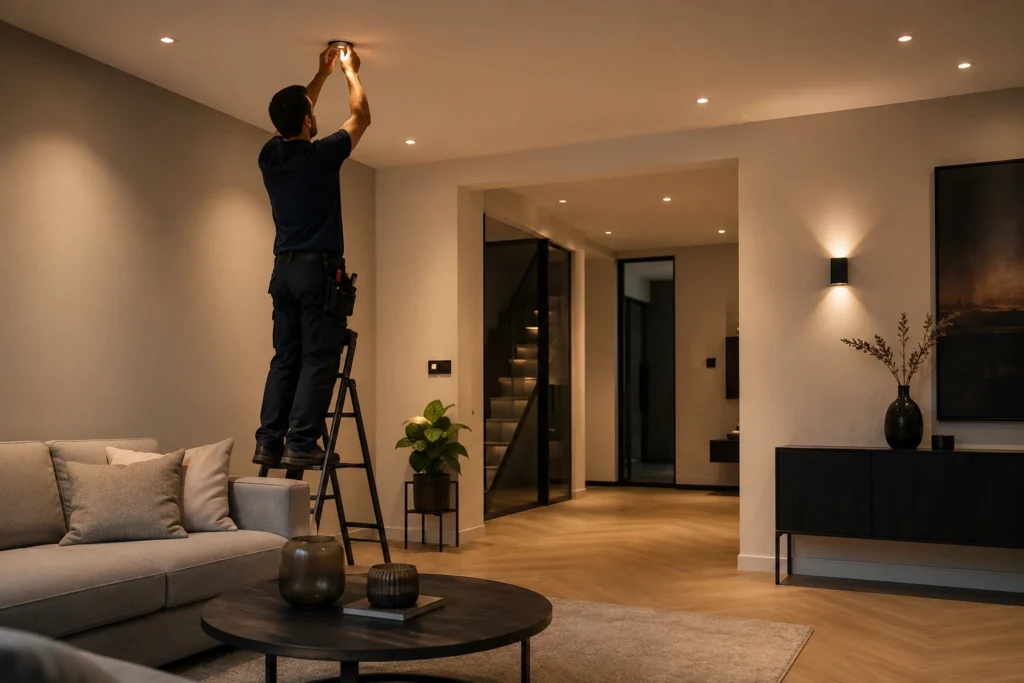 Elektricien installeert een moderne dimmer in een stijlvolle woonkamer met warme sfeerverlichting.