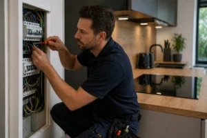 Elektricien werkt aan groepenkast in moderne keuken voor veilige installatie van inductiekookplaat