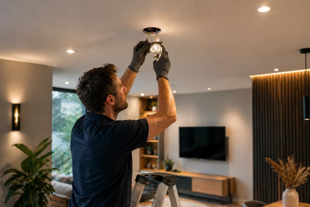 Elektricien installeert plafondverlichting in een moderne woonkamer met ladder en gereedschap