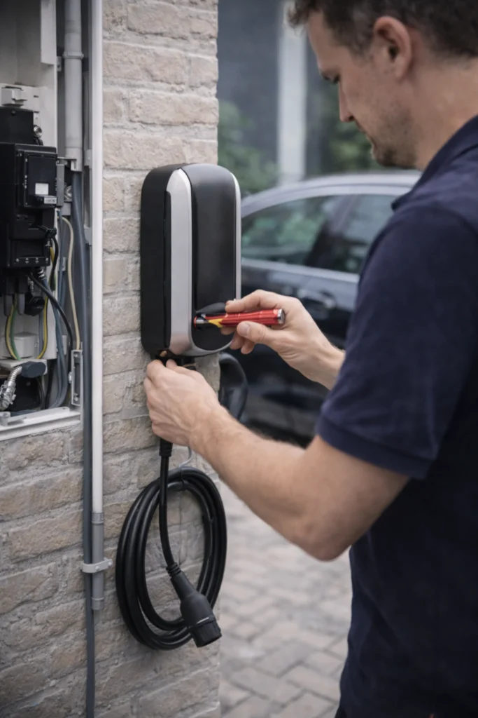 Elektricien installeert een laadpaal aan de muur van een woning naast de meterkast