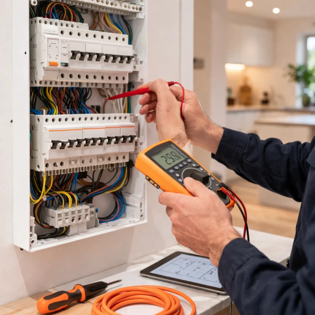 Elektricien controleert groepenkast met meetapparatuur in moderne woning