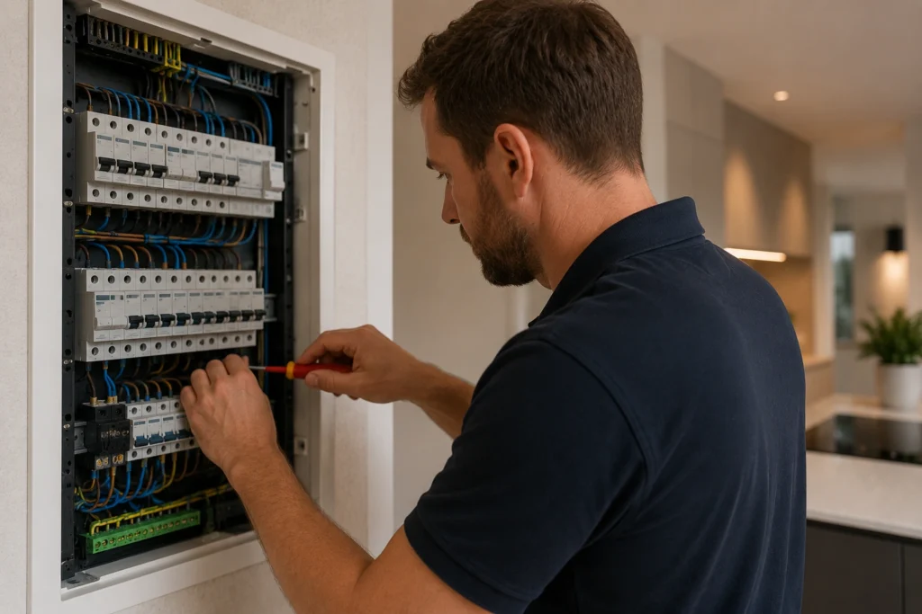 Elektricien werkt aan een moderne groepenkast in een woning met hedendaagse keukenapparatuur op de achtergrond.